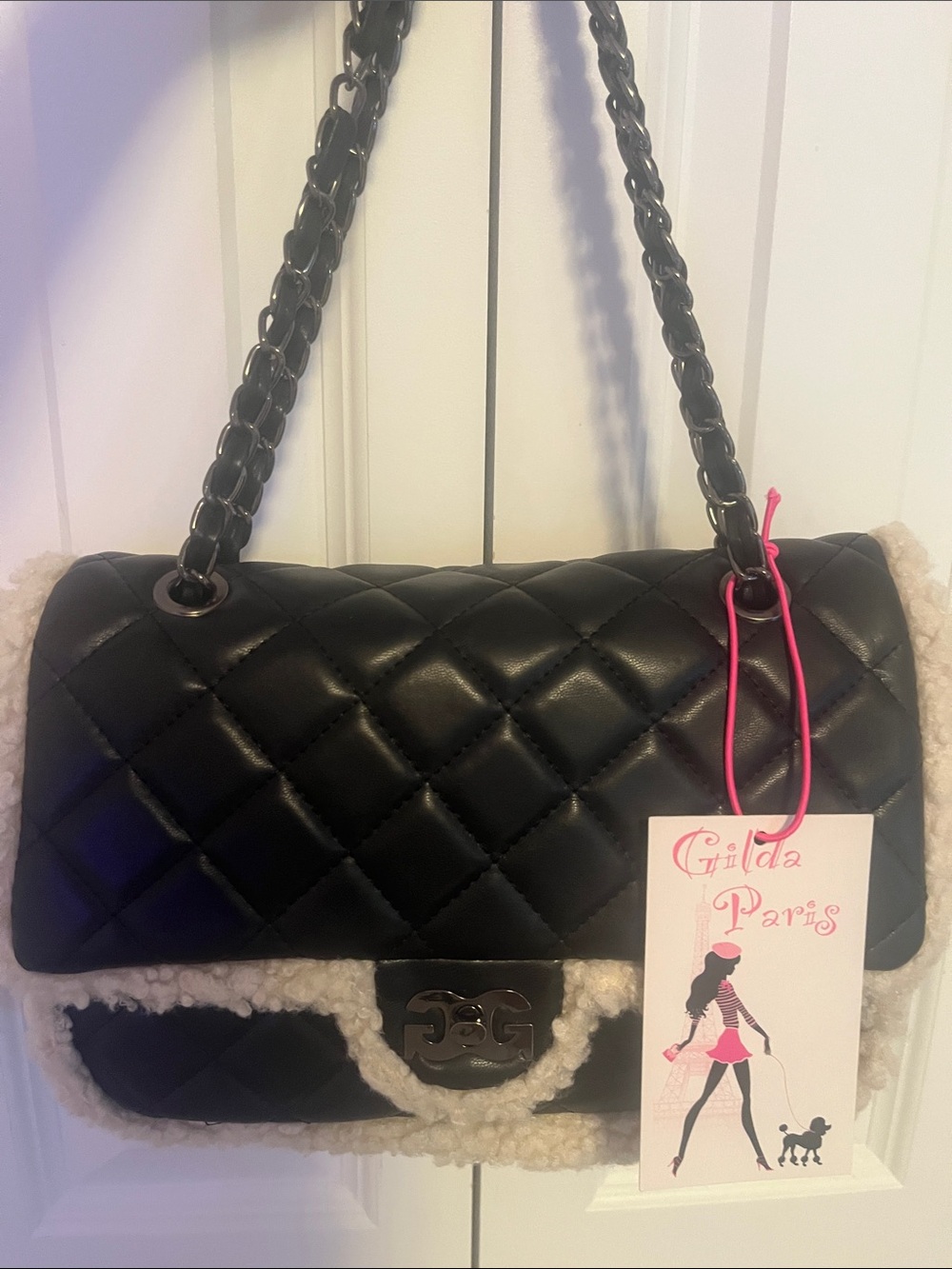 Gilda Paris Black Quilted Shearling-Trim Shoulder Bag NWT Retail $159